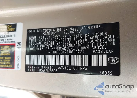 2011 Toyota Camry Le from USA, damaged, VIN 4T1BF3EK7BU619737